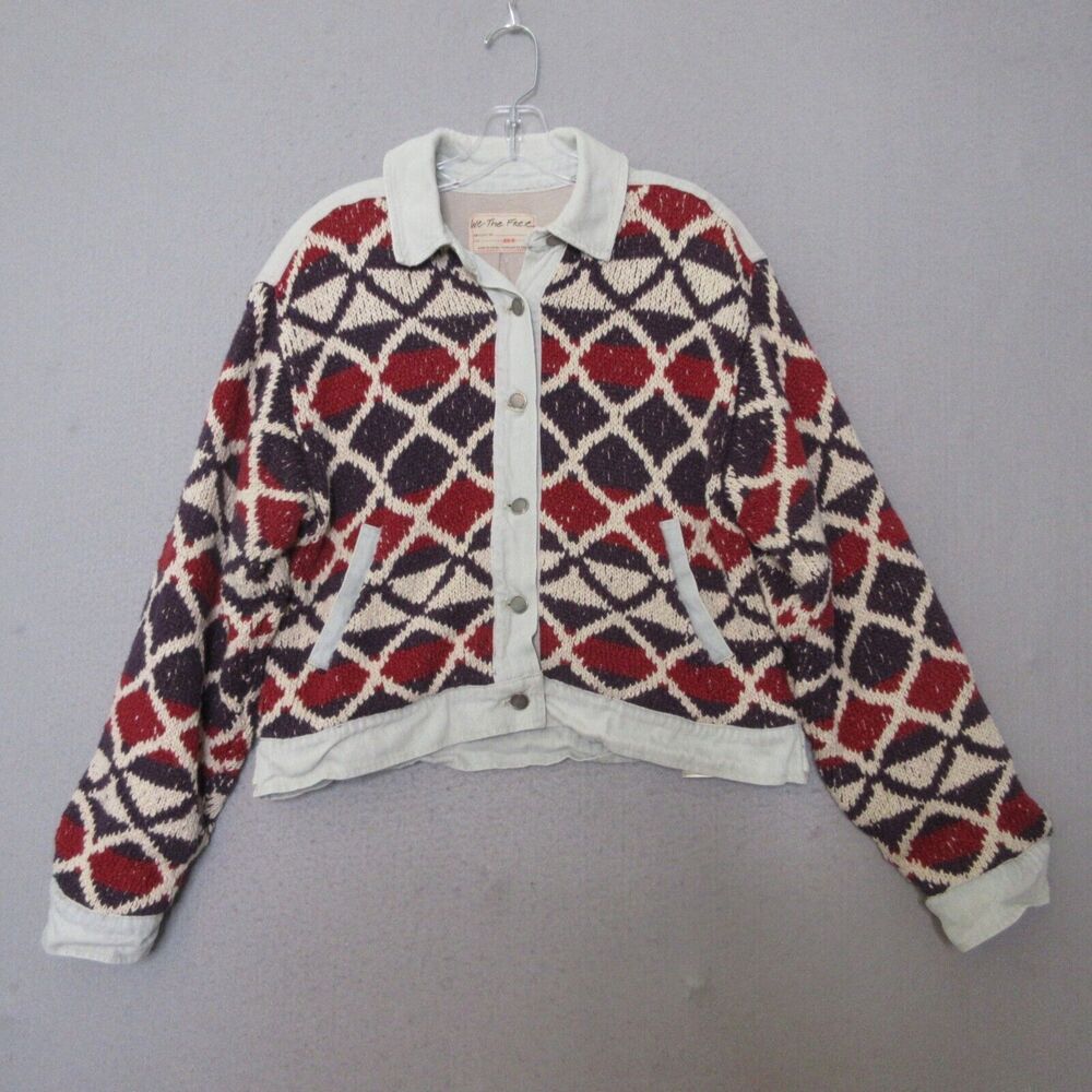 We The Free People Jacket Women XS Small Lakeside Crochet Knit Jean Mix Oversize